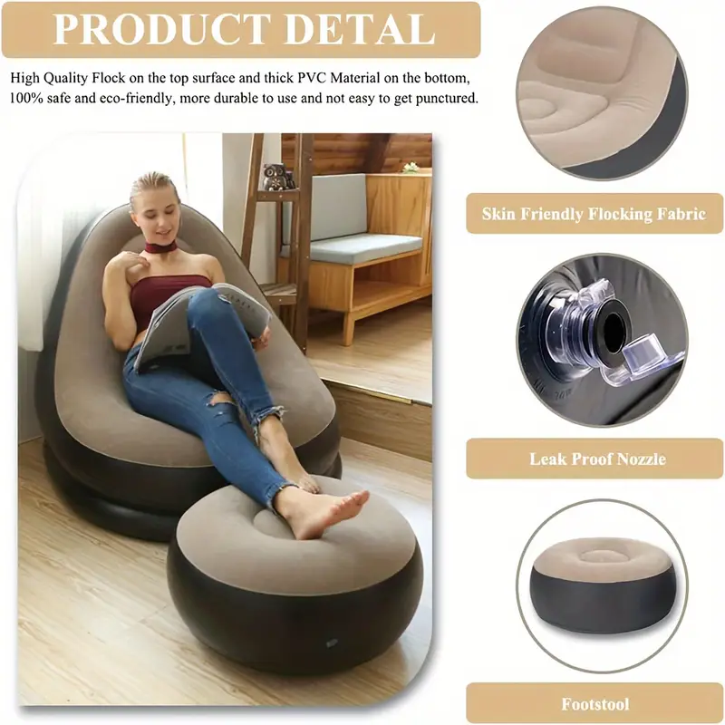 Inflatable Chair with Footstool Set Durable Blow-Up Air Bean Bag