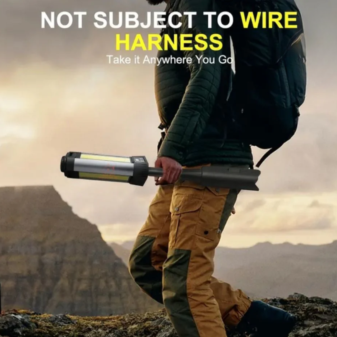 Person hiking with a backpack and flashlight, text 'Not Subject to Wire Harness' and 'Take it Anywhere You Go'.
