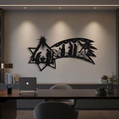 Decorative wall art of a nativity scene in a modern office setting.