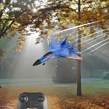 Toy airplane with remote control in a park setting