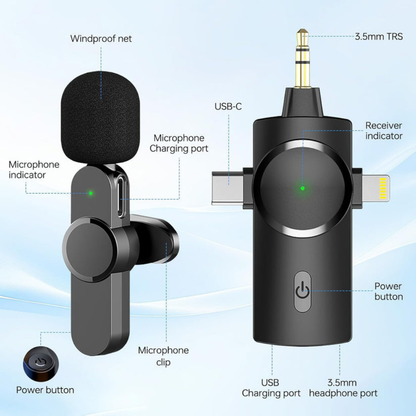3-in-1 Wireless Lavalier Microphone – For Phone, Camera & PC
