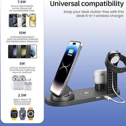6-in-1 Wireless Charging Station: All-in-One Fast Charging Dock for Phone, Watch, & Earbuds.