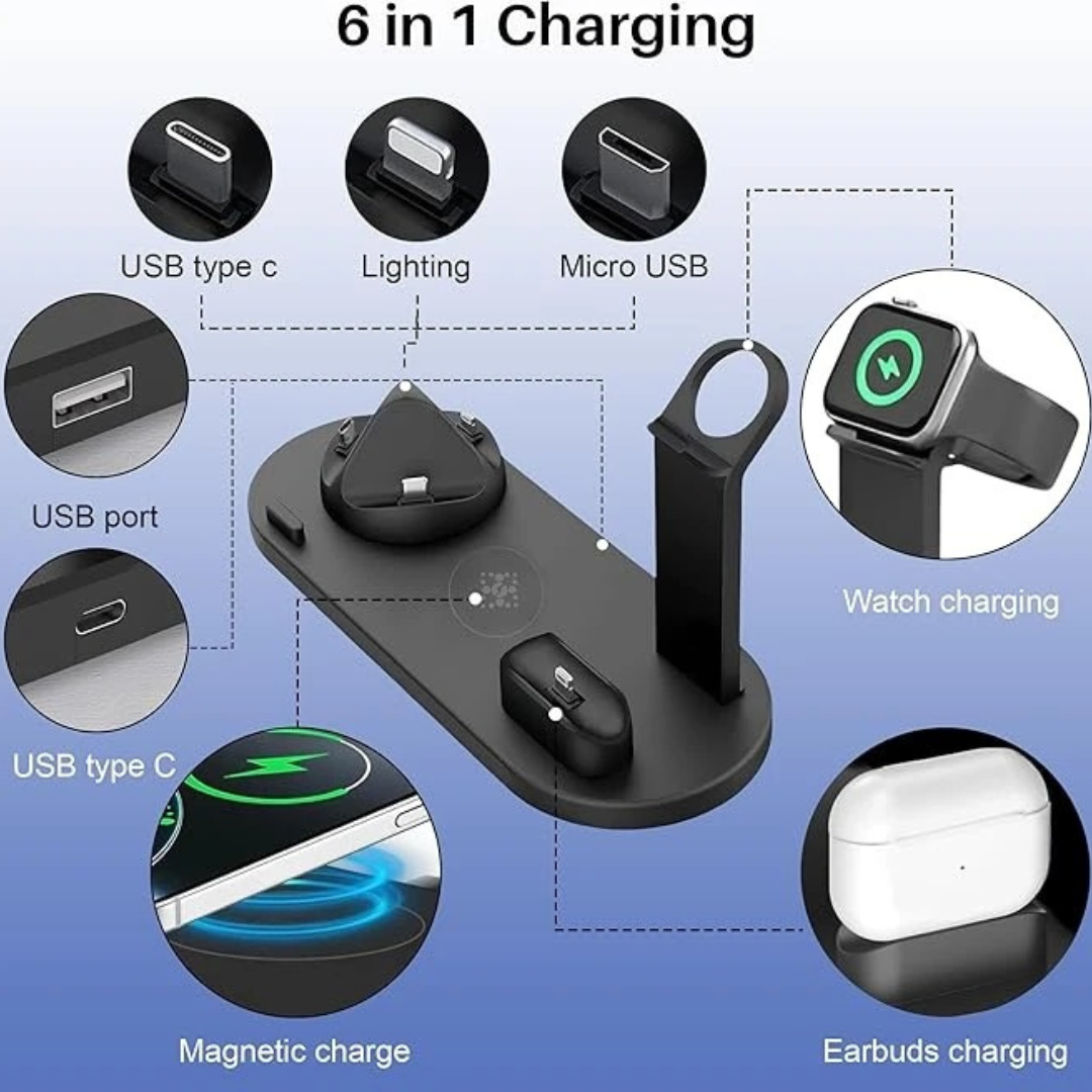 6-in-1 Wireless Charging Station: All-in-One Fast Charging Dock for Phone, Watch, & Earbuds
