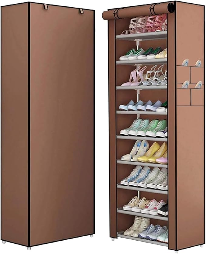 9-Tier Shoe Rack with Dustproof Cover – Holds Up to 45 Pairs | Brown | 153x58x29cm