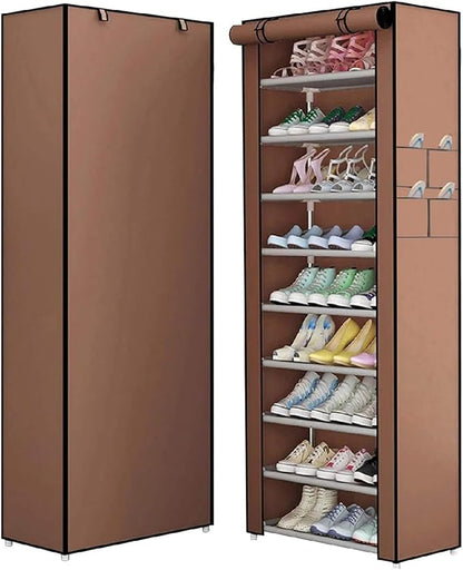 9-Tier Shoe Rack with Dustproof Cover – Holds Up to 45 Pairs | Brown | 153x58x29cm