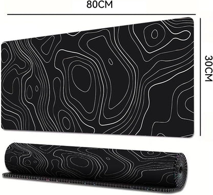 Gaming Mouse Pad XL – 80x30cm Large Desk Mat with Anti-Slip Base (Black with White Topographic Line)