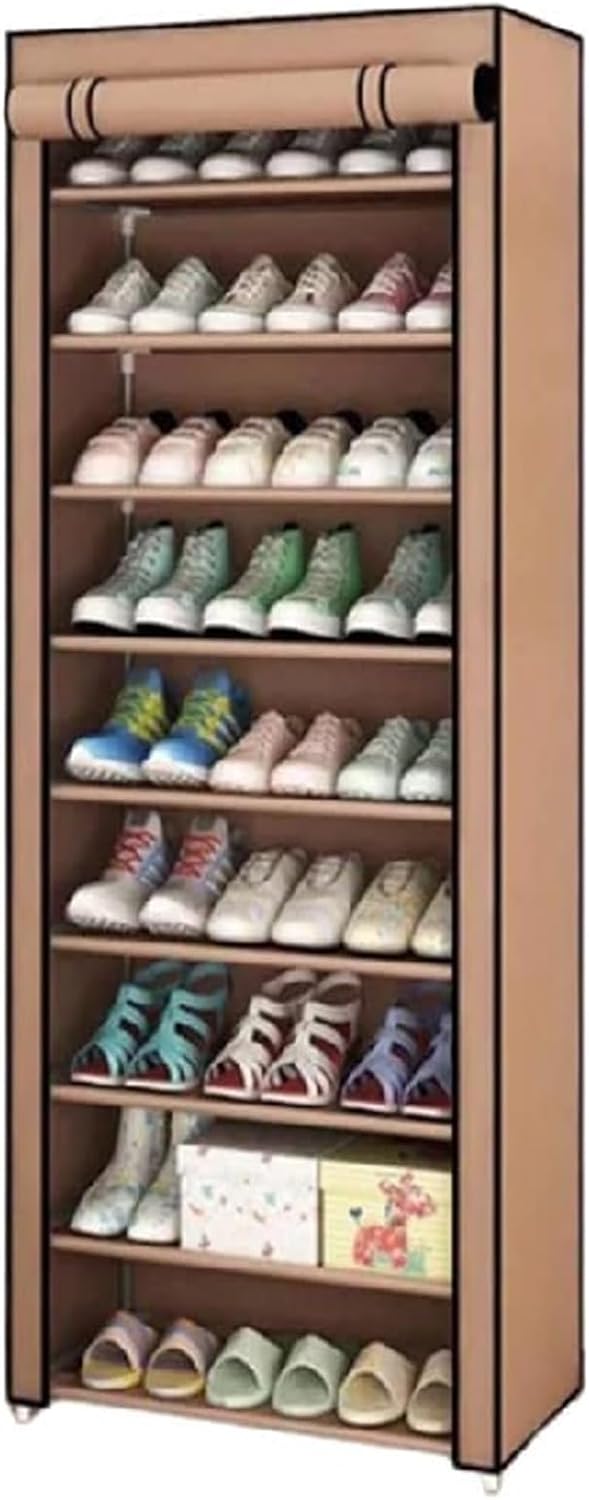 9-Tier Shoe Rack with Dustproof Cover – Holds Up to 45 Pairs | Brown | 153x58x29cm