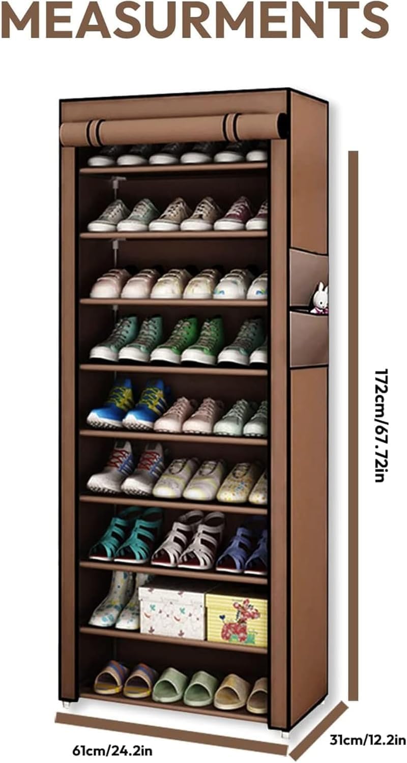 9-Tier Shoe Rack with Dustproof Cover – Holds Up to 45 Pairs | Brown | 153x58x29cm
