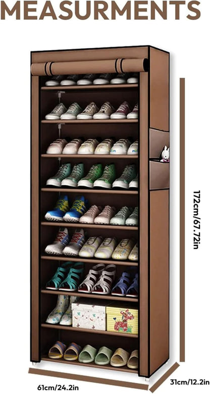 9-Tier Shoe Rack with Dustproof Cover – Holds Up to 45 Pairs | Brown | 153x58x29cm