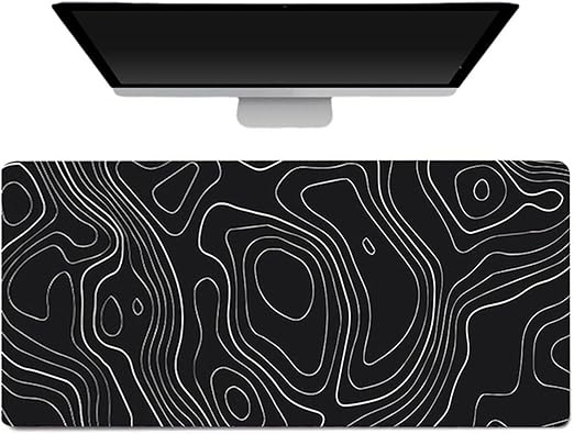 Gaming Mouse Pad XL – 80x30cm Large Desk Mat with Anti-Slip Base (Black with White Topographic Line)