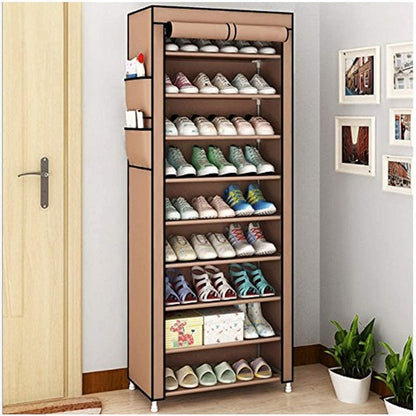 9-Tier Shoe Rack with Dustproof Cover – Holds Up to 45 Pairs | Brown | 153x58x29cm