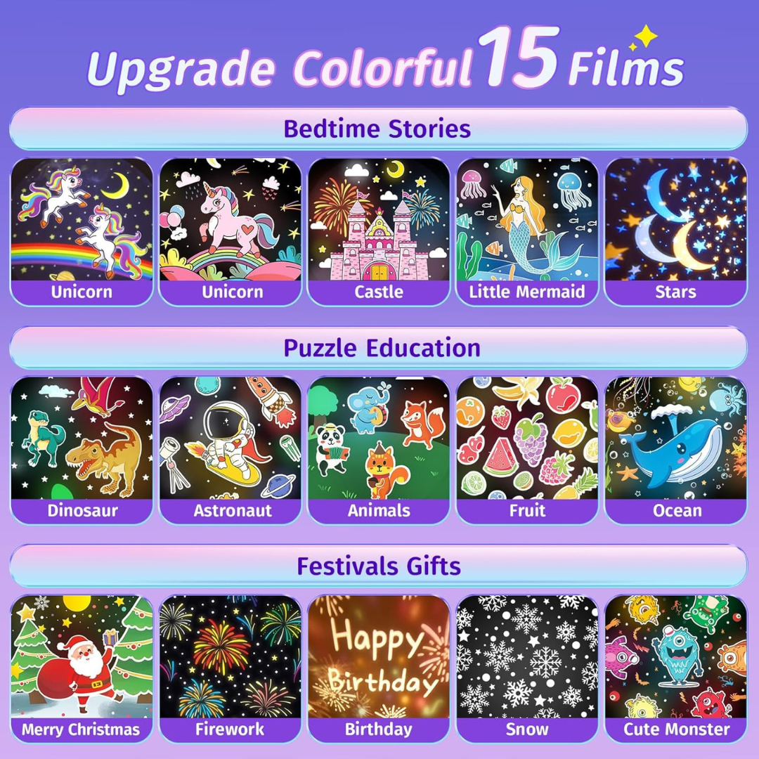One Fire Kids Night Light Projector – 5 Film Reels & Rechargeable Battery