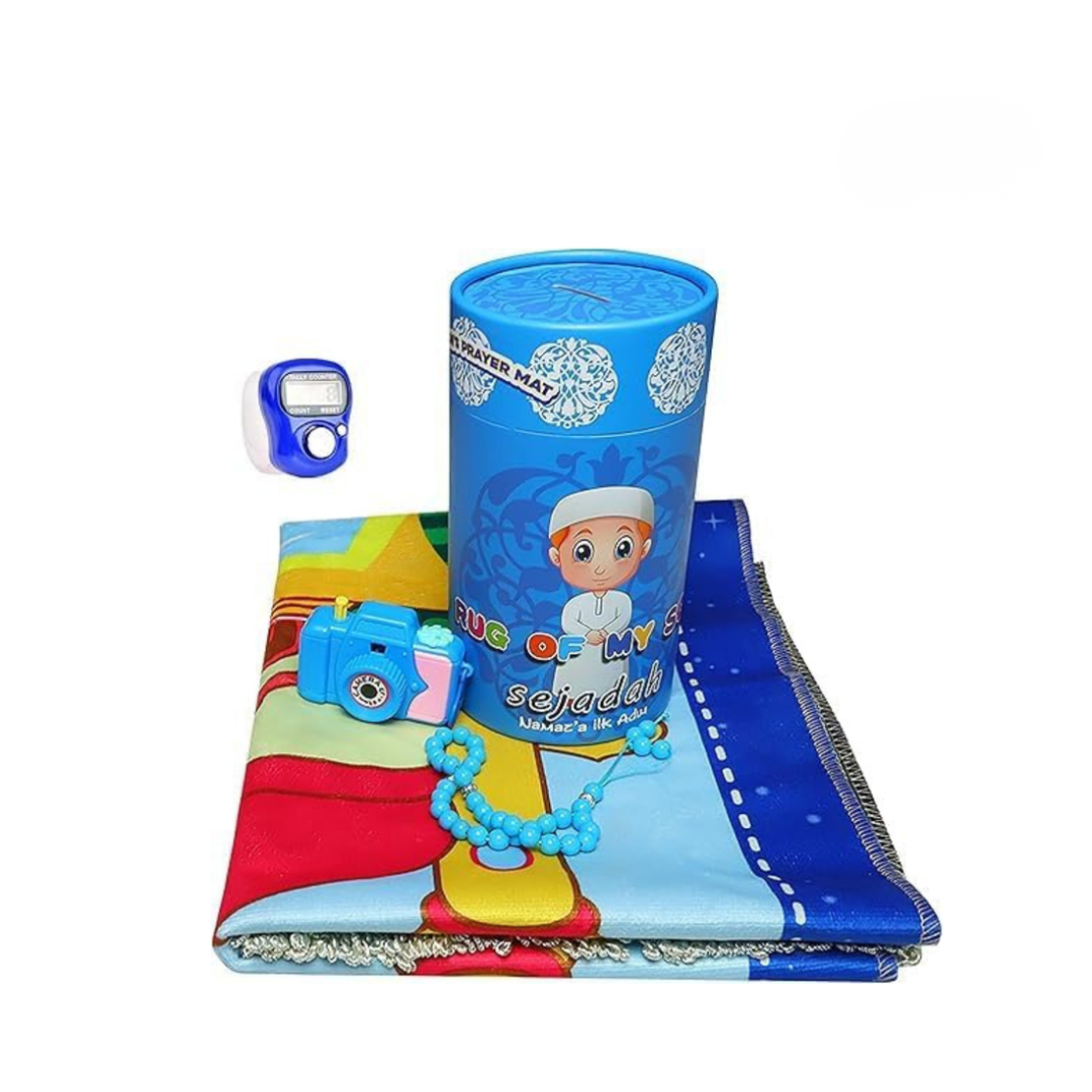 Kids Prayer Mat Set with Beads, Digital Counter & Camera – Soft Velvet Blue Islamic Gift Box