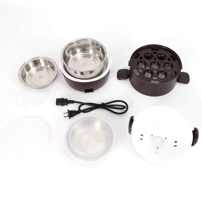 Collection of pet feeding and water bowls with a power cord on a white background