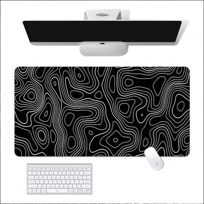 Gaming Mouse Pad XL – 80x30cm Large Desk Mat with Anti-Slip Base (Black with White Topographic Line)