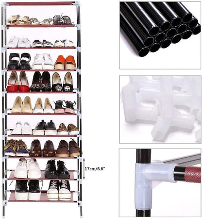 9-Tier Shoe Rack with Dustproof Cover – Holds Up to 45 Pairs | Brown | 153x58x29cm