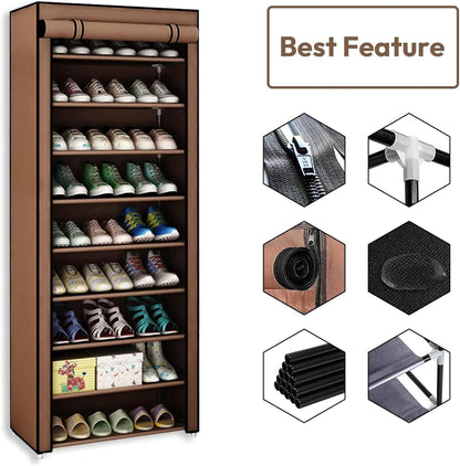 9-Tier Shoe Rack with Dustproof Cover – Holds Up to 45 Pairs | Brown | 153x58x29cm