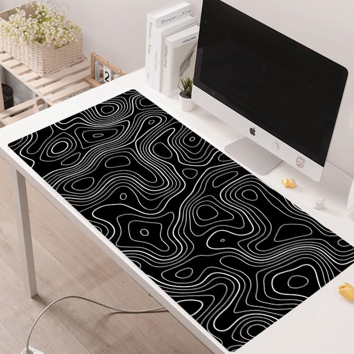 Gaming Mouse Pad XL – 80x30cm Large Desk Mat with Anti-Slip Base (Black with White Topographic Line)
