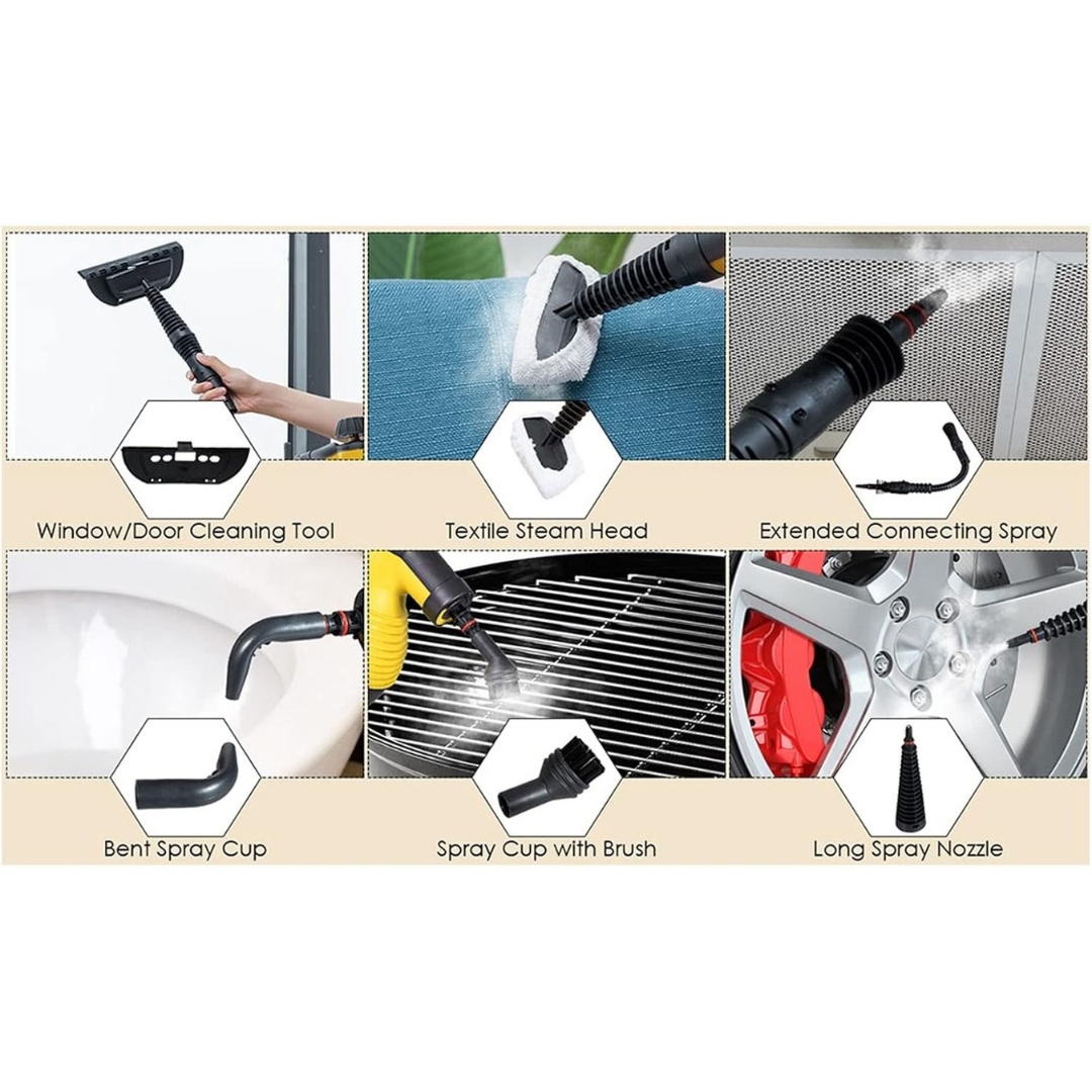Multifunctional cleaning tool with various attachments for cleaning different surfaces.