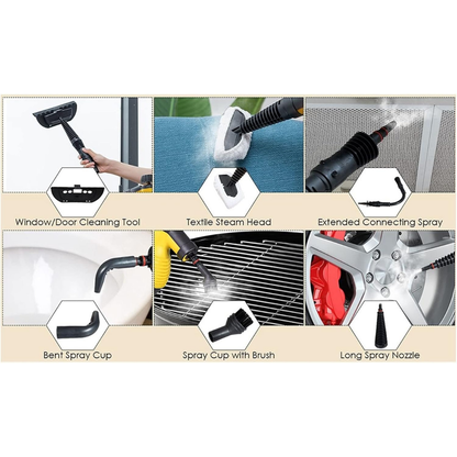Multifunctional cleaning tool with various attachments for cleaning different surfaces.