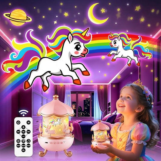 One Fire Kids Night Light Projector – 15 Film Reels + 10 Sound Modes with Remote & Rechargeable Battery