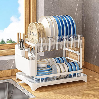 2-Tier Dish Drying Rack with Drainboard – Large Stainless Steel Dish Drainer Organizer with Utensil Holder (White)