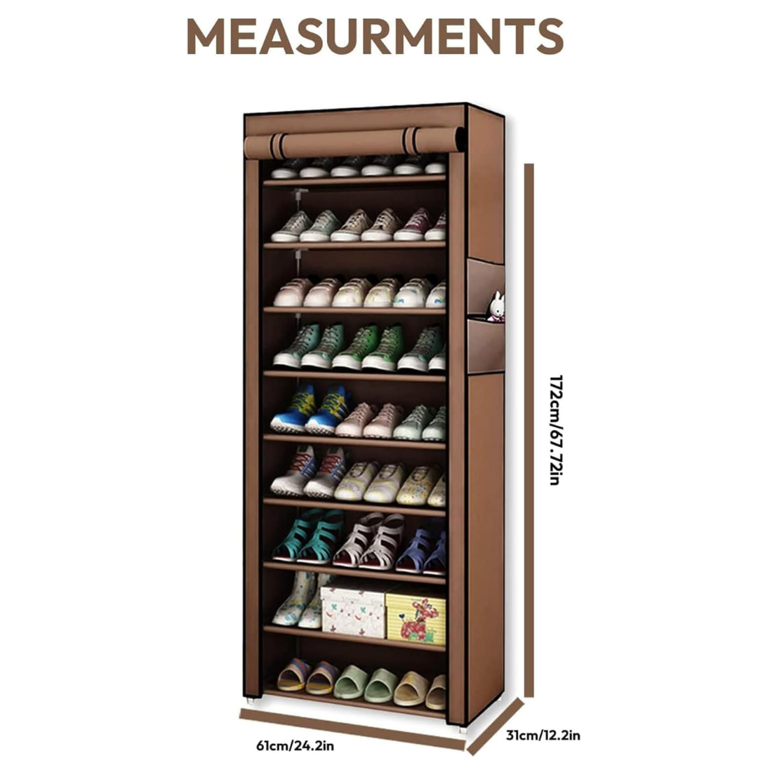 Shoe cabinet with shoes on shelves and measurements indicated