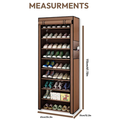 Shoe cabinet with shoes on shelves and measurements indicated