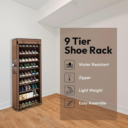 9-tier shoe rack with features listed on a gray panel in a room.