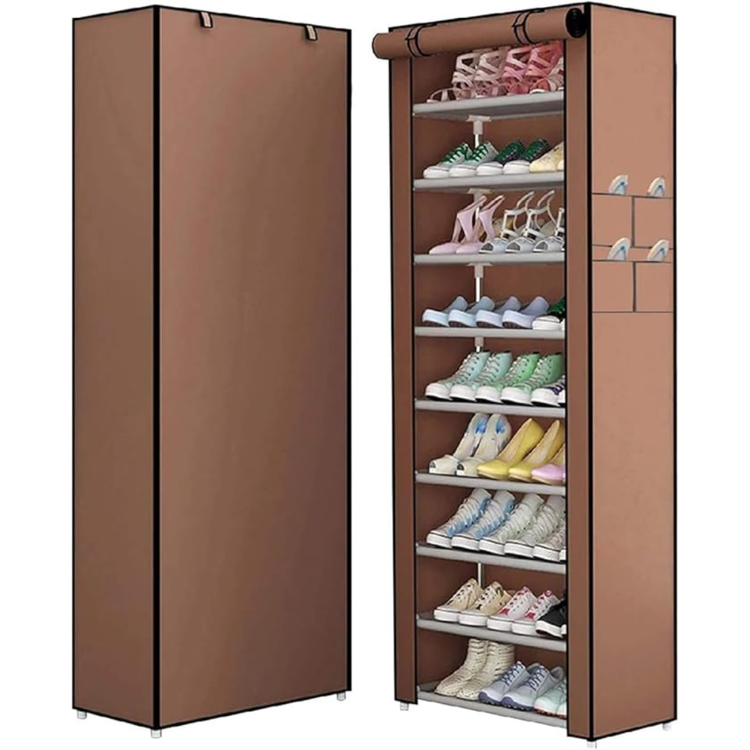 Brown shoe cabinet with open door showing shoes on shelves