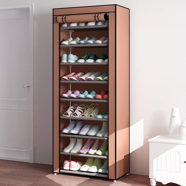 Brown shoe cabinet with multiple shelves filled with shoes in a room.
