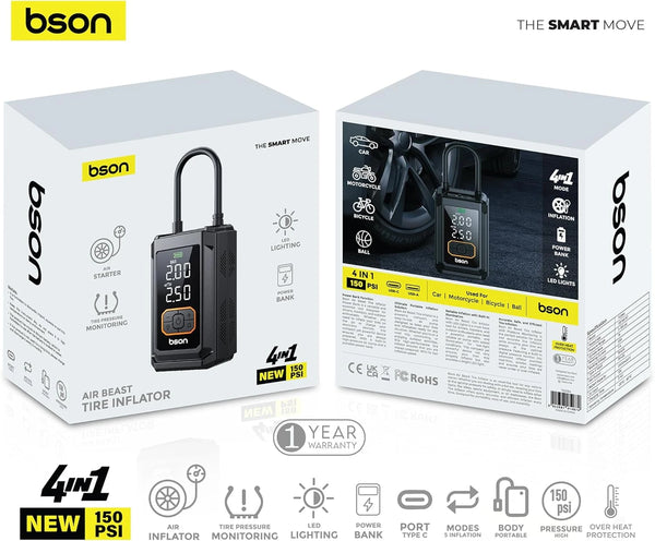 AIR BEAST Tire Inflator – Bson 4-in-1 Portable 150 PSI Pump & Power Bank