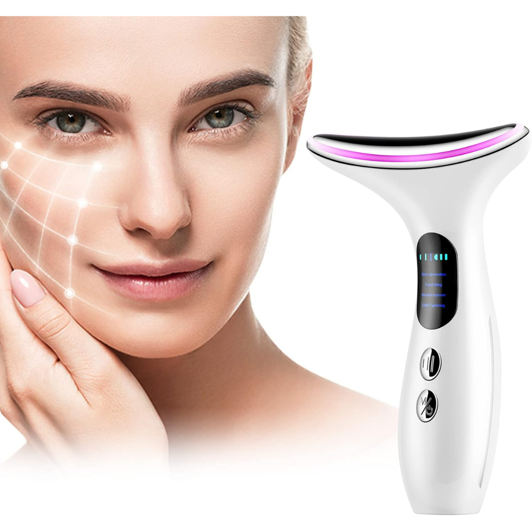 Advanced EMS Face Toning and Neck Lifting Device with Heat Therapy - Portable White