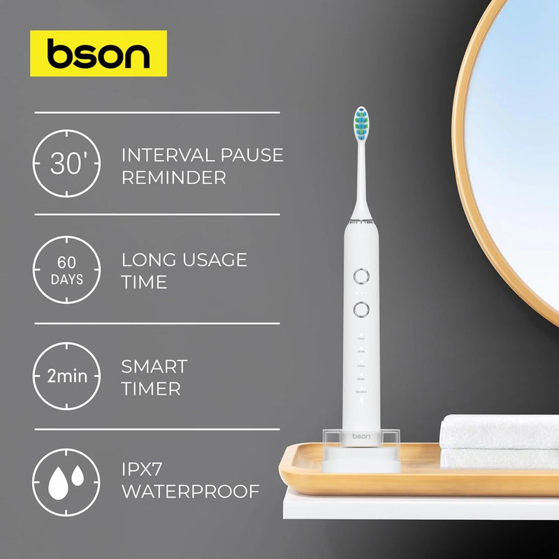BSON Sonic Electric Toothbrush – Whitening, 15 Modes, 30-Day Battery