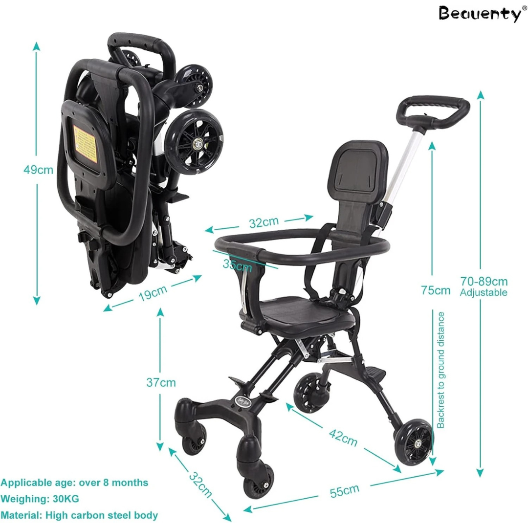 Beauty Kids Compact Travel Stroller – Lightweight, One-Hand Fold, Airplane Carry-On Size with Adjustable Backrest & Handle