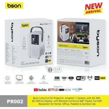 Bson projector packaging with product details and features on a white background