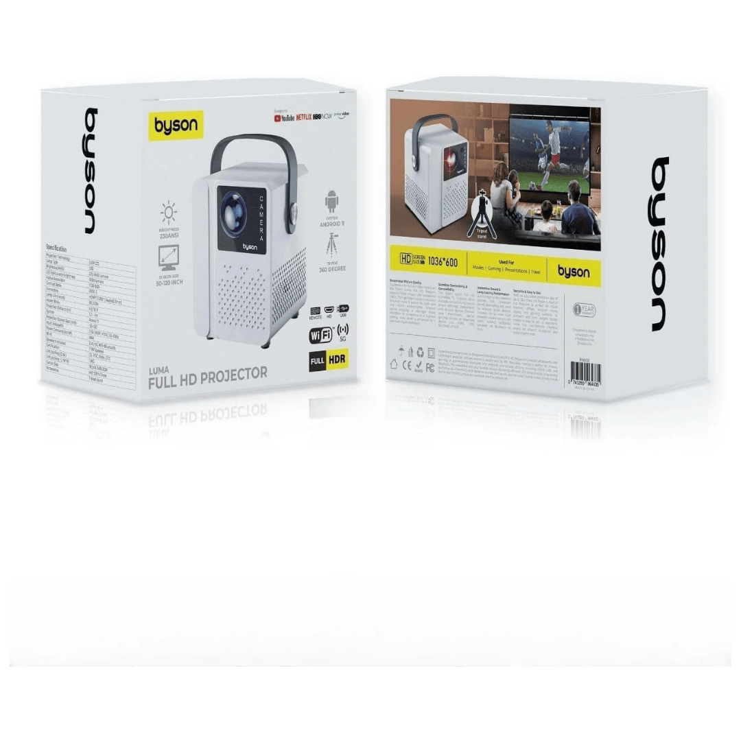 Bson Luma Full HD Projector – Android 11, 5G WiFi, 50-120” Display, Remote Control & 360° Tripod, Full HDR Resolution.