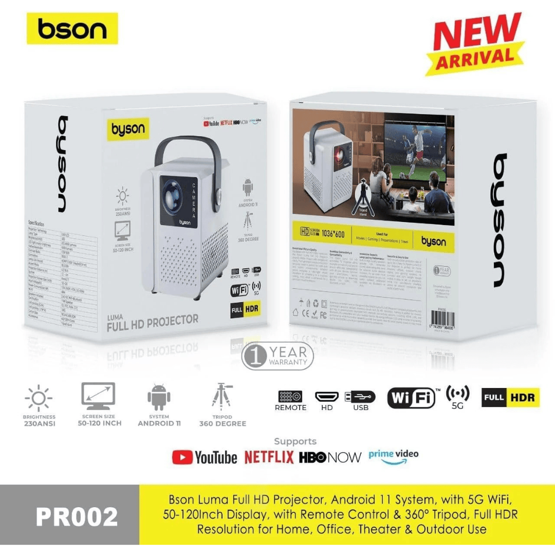 Bson Luma Full HD Projector – Android 11, 5G WiFi, 50-120” Display, Remote Control & 360° Tripod, Full HDR Resolution