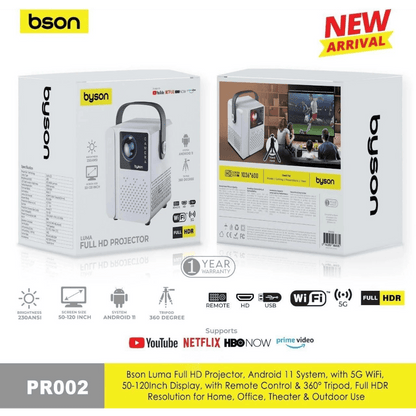 Bson Luma Full HD Projector – Android 11, 5G WiFi, 50-120” Display, Remote Control & 360° Tripod, Full HDR Resolution