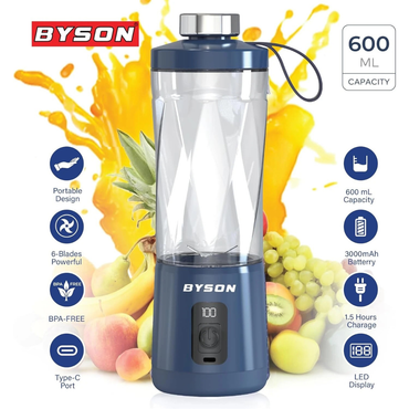 Byson Portable Blendy Juicer – 600ML Capacity, Powerful 6-Blade Motor & 3000mAh Battery for Smoothies 