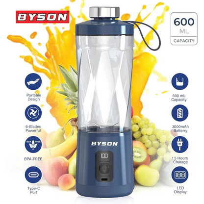 Byson Portable Blendy Juicer – 600ML Capacity, Powerful 6-Blade Motor & 3000mAh Battery for Smoothies On-the-Go.