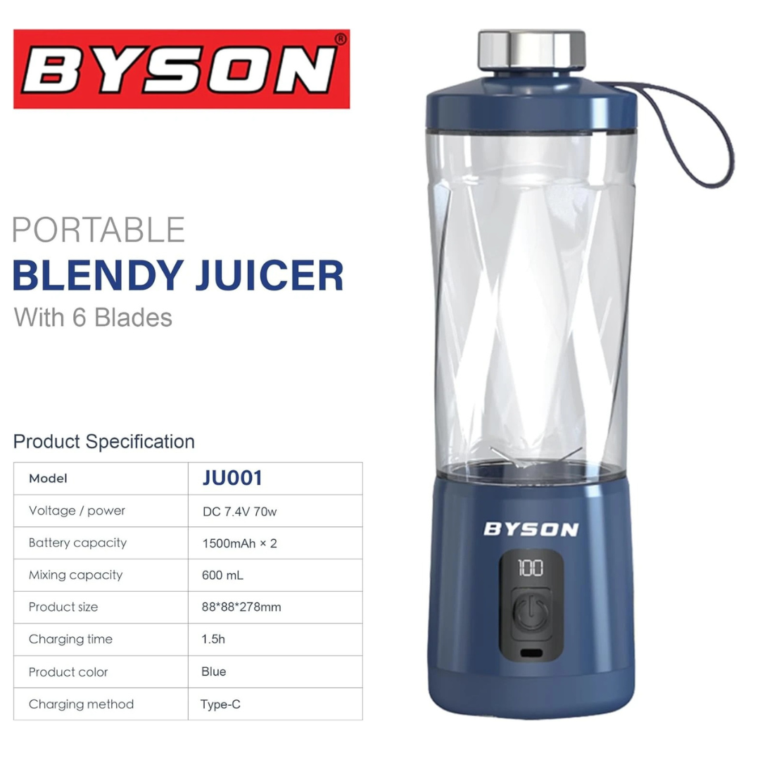 Byson Portable Blendy Juicer – 600ML Capacity, Powerful 6-Blade Motor & 3000mAh Battery for Smoothies On-the-Go
