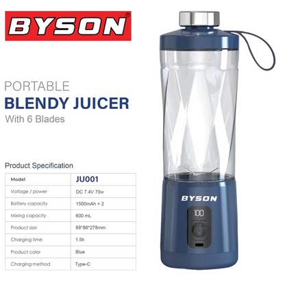 Byson Portable Blendy Juicer – 600ML Capacity, Powerful 6-Blade Motor & 3000mAh Battery for Smoothies On-the-Go