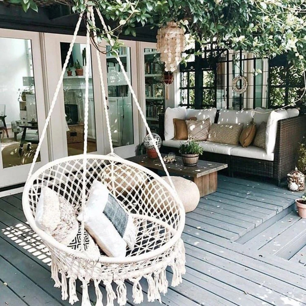 CCTRO Boho Macrame Hanging Hammock Swing Chair | Indoor/Outdoor Rattan Seat with 265 lbs Capacity & Handwoven Cotton Rope