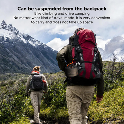 Two people hiking in a mountainous area with backpacks, emphasizing the convenience of carrying gear.
