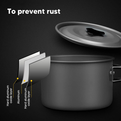 Cooking pot with lid on a black background, showing layers to prevent rust.