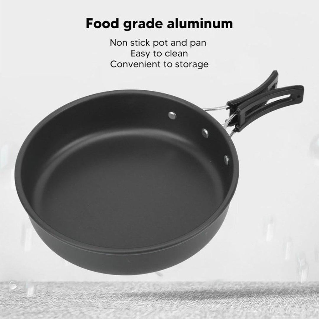 Black non-stick pot with handle on a white background, featuring text about food grade aluminum and product features.