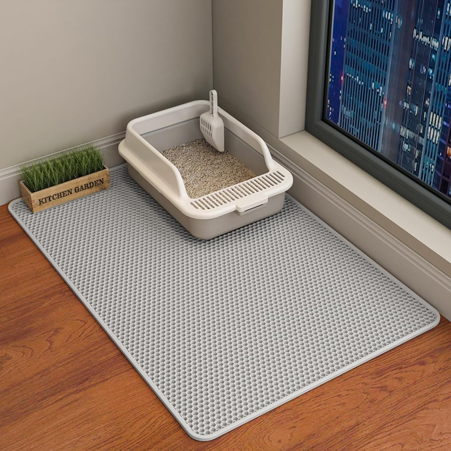 Cat Litter Mat 35"x24" | Double Layer Honeycomb Waterproof Mat (Grey)