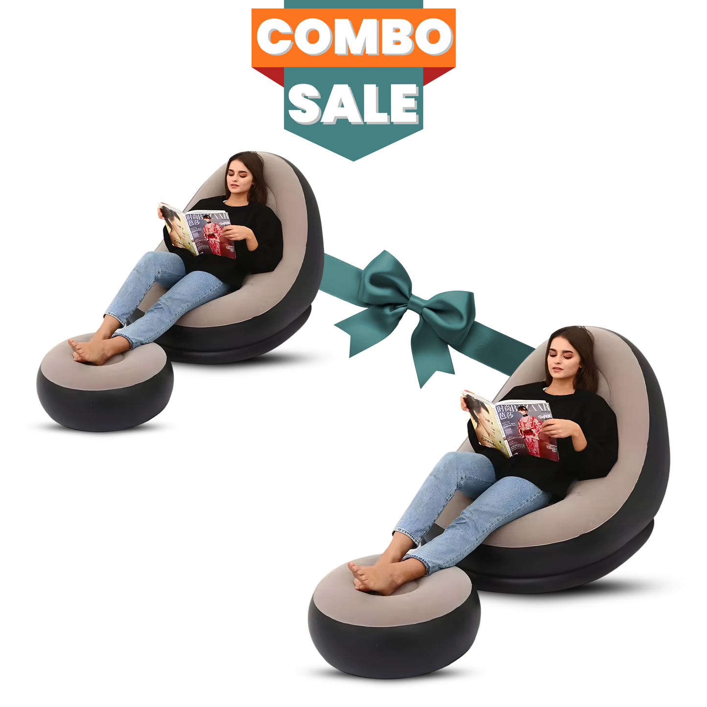 Inflatable Chair with Footstool Set Durable Blow-Up Air Bean Bag