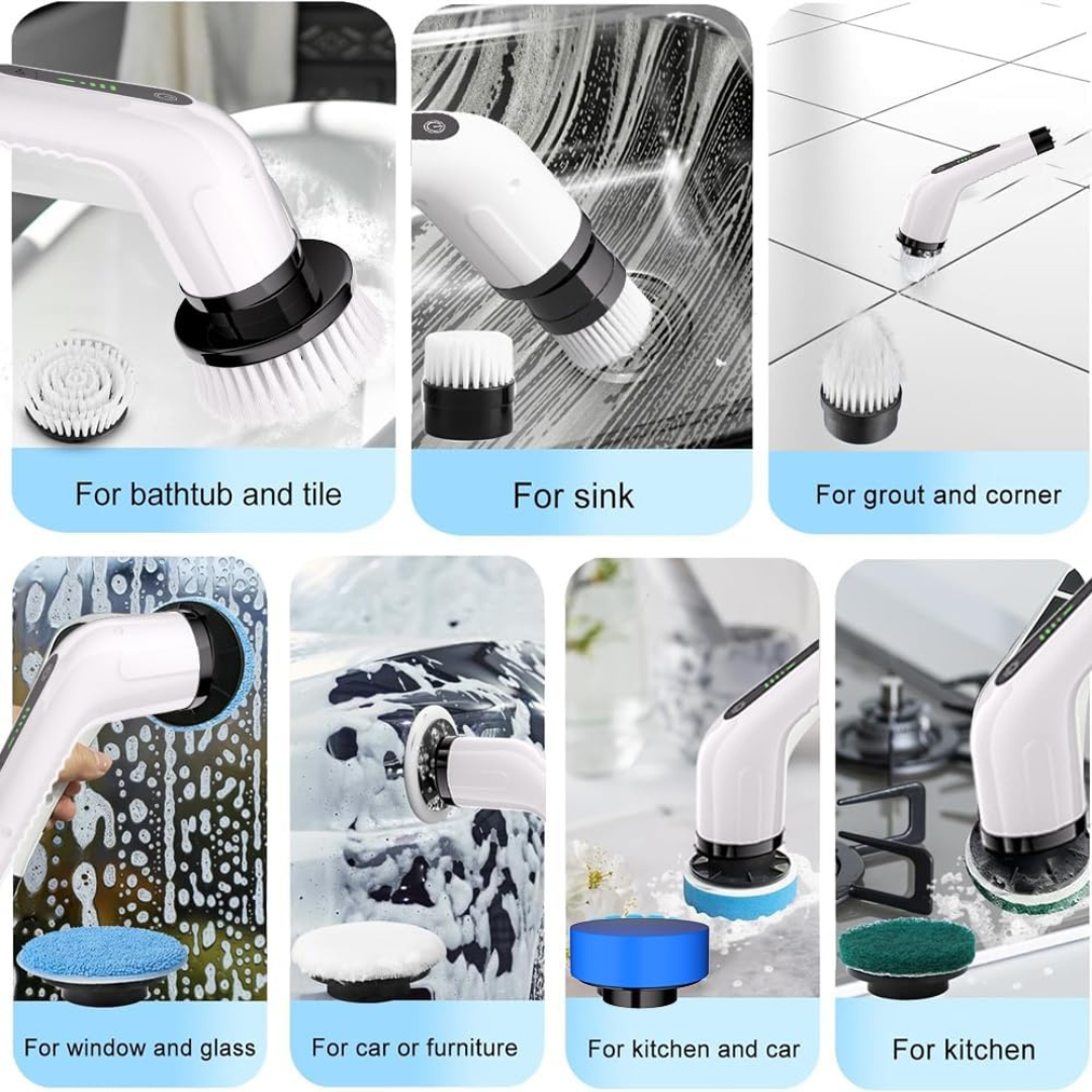 Cordless Electric Spin Scrubber with 7 Interchangeable Heads and Adjustable Extension Handle..